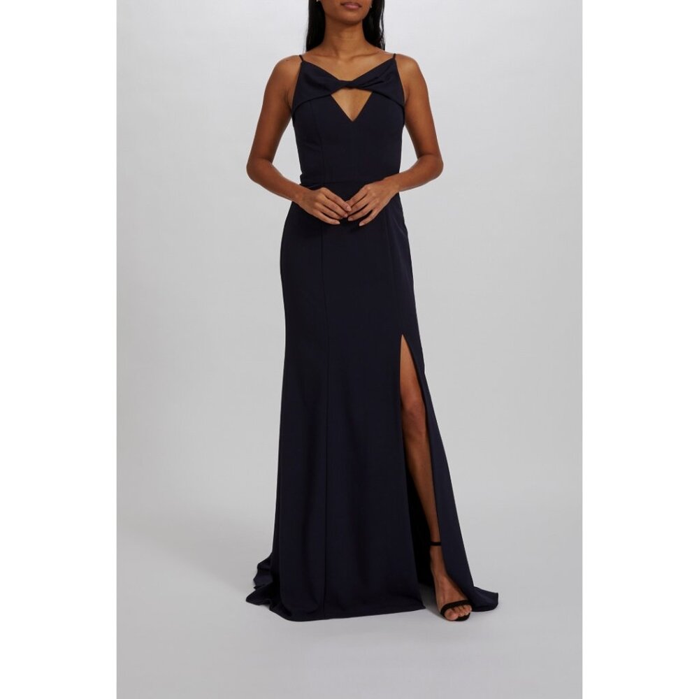 Modern Twist Front Navy Crepe Floor Length Formal Gown with slit Amsale Dallas - Picture 4 of 11